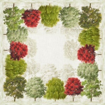 Padrão quadrado de árvores coloridas em moldura simétrica sobre fundo bege