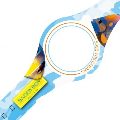 Bracelete azul claro com peixes tropicais e texto SALVE OS OCEANOS