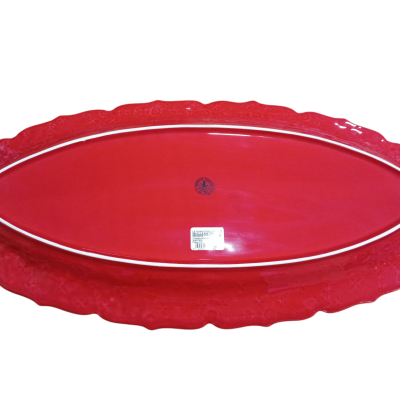 Travessa oval vermelha com bordas onduladas e detalhes em relevo
