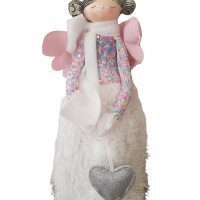 Boneca decorativa com vestido branco e asas cor de rosa