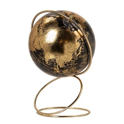 Globo terrestre decorativo preto e dourado com suporte metálico dourado