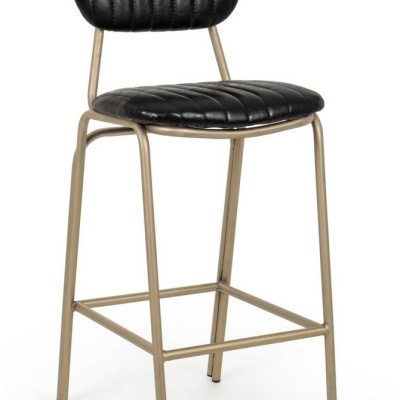 Banqueta metálica dourada com assento e encosto pretos acolchoados