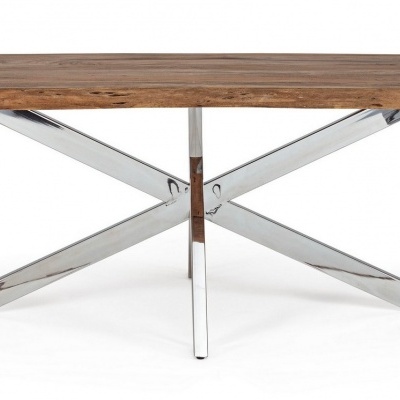 Mesa de jantar com tampo de madeira castanha e base metálica em X