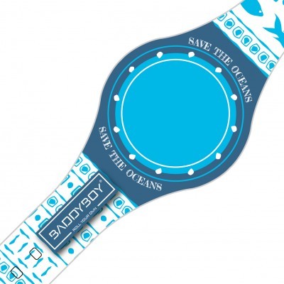 Relógio azul e branco com texto Save The Oceans.