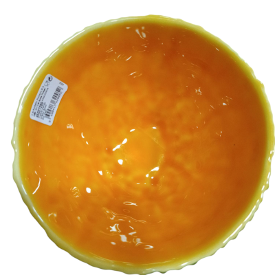 Taça decorativa de cerâmica laranja e amarela com etiqueta