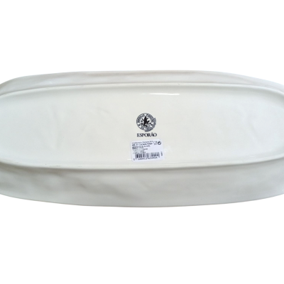 prato oval de cerâmica branco com etiqueta no centro