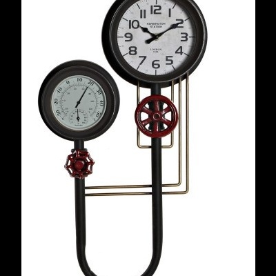 Relógio e barómetro industriais com válvulas vermelhas e tubos dourados