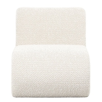 Cadeira estofada branca texturizada, sem braços, com design curvo