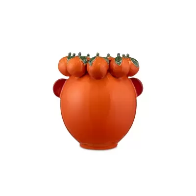 Vaso cerâmico laranja com decoração de laranjas