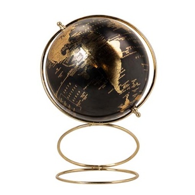 Globo terrestre preto com detalhes dourados numa base metálica dourada em espiral.