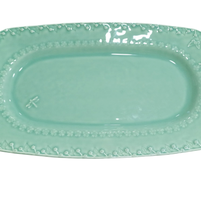 Prato oval verde agua com padrão floral e libélulas em cerâmica
