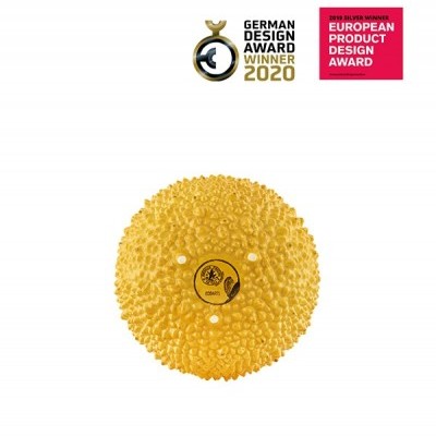 Dispositivo redondo amarelo com textura e etiqueta central ECOART e prémios de design