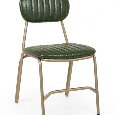 Cadeira com estrutura metálica dourada e estofos verdes acolchoados