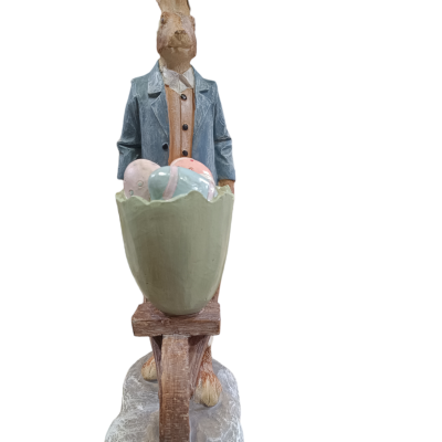 Estatueta decorativa de coelho com carrinho de mão e ovos