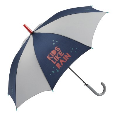 Guarda-chuva infantil azul e cinzento com inscrição rosa KIDS LIKE RAIN.