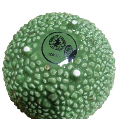 Objeto redondo verde com textura semelhante à casca de fruta e selo preto no centro