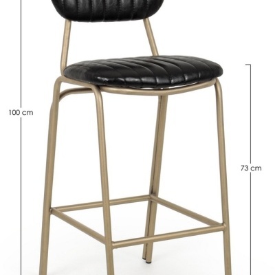 Cadeira alta com assento e encosto em couro preto e estrutura metálica dourada