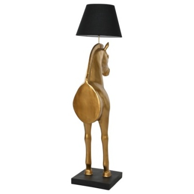 Lâmpada de mesa com base em cavalo dourado e abajur preto