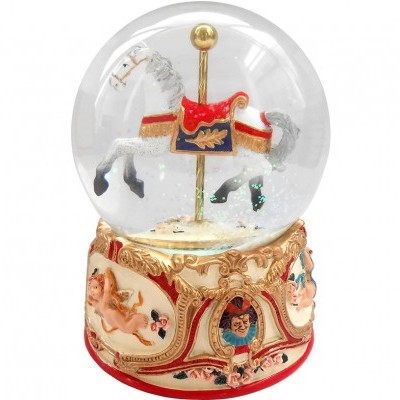 Globo de neve com cavalo branco e base decorativa dourada e vermelha