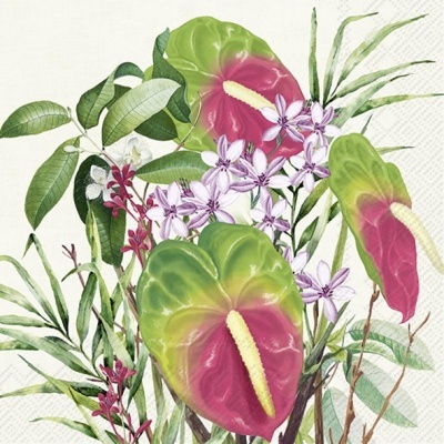 Guardanapo decorativo com padrão floral e folhas verdes sobre fundo claro