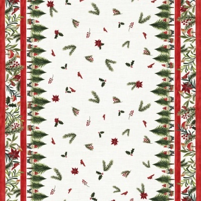 Toalha ou manta natalícia com padrões de gnomos, árvores, flores e folhas em vermelho, verde e branco.