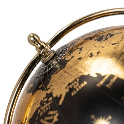 Globo terrestre decorativo preto e dourado com aro metálico