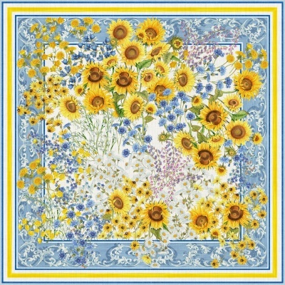 Lenço quadrado com padrão floral colorido em fundo azul com bordas decorativas