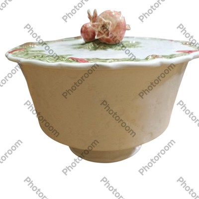 Recipiente de cerâmica creme com tampa decorativa com romãs coloridas em relevo.