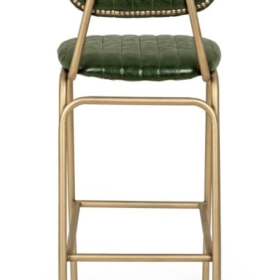 Cadeira alta verde com estrutura metálica dourada vista de costas