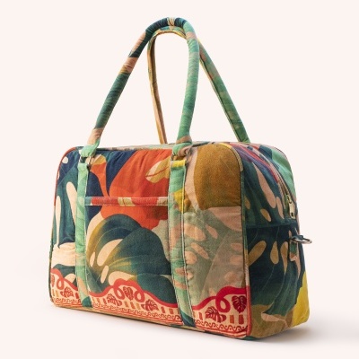 Mala de viagem com padrão colorido e alças reforçadas