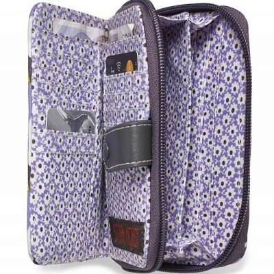 Carteira bolsa com padrão floral roxo e compartimentos interiores