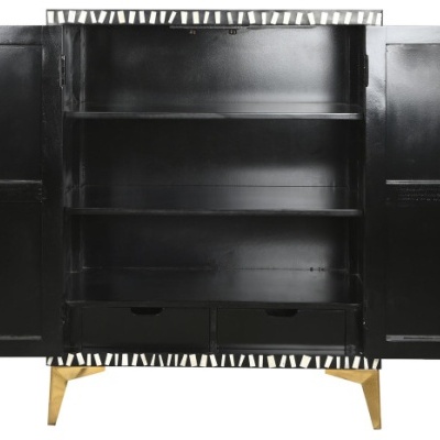 Armário preto com portas abertas e pernas douradas