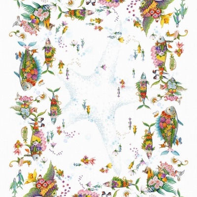 Ilustração colorida com peixes fantasiosos e plantas em moldura sobre fundo branco