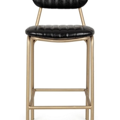 Banco alto com estrutura metálica dourada e assento e encosto em couro preto
