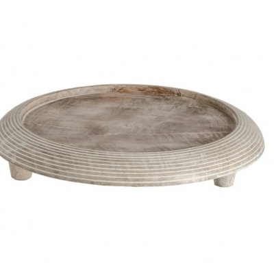 Base decorativa redonda em madeira com acabamento rústico cinzento e branco