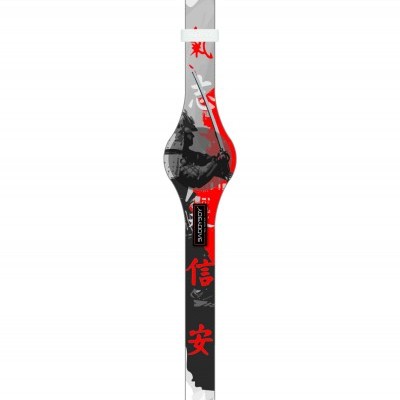 Relógio digital com bracelete colorida e caracteres chineses vermelhos