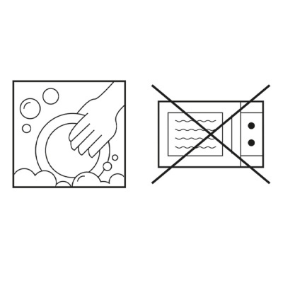 Ilustração de uma mão a lavar um prato com espuma e símbolo de proibição de micro-ondas