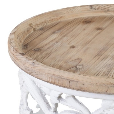 Mesa redonda com tampo de madeira e base branca decorativa