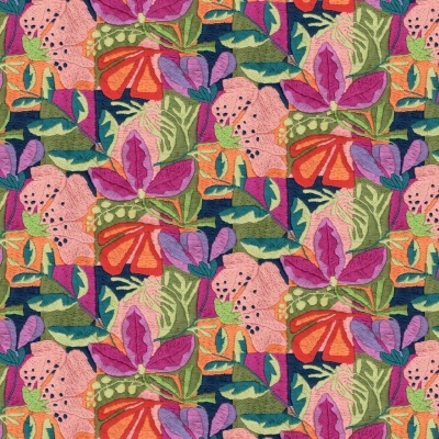 Pano têxtil com padrão florido colorido e textura tecida