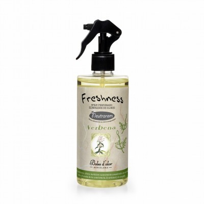 Frasco com pulverizador e rótulo de spray perfumado eliminador de odores Freshness verbena