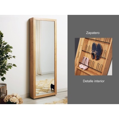 Armário sapateiro com espelho e estrutura de madeira clara