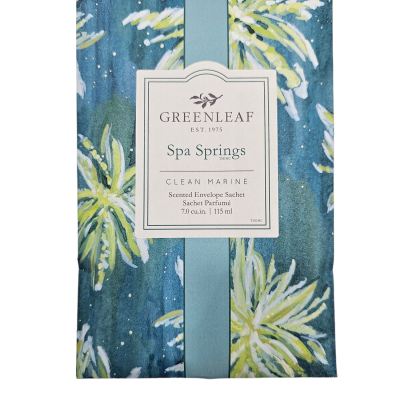 Sachet perfumado Spa Springs Greenleaf em embalagem azul com padrões florais.