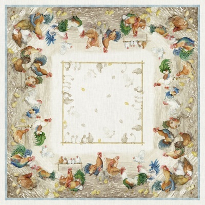Guardanapo bordado com galinhas e galos coloridos