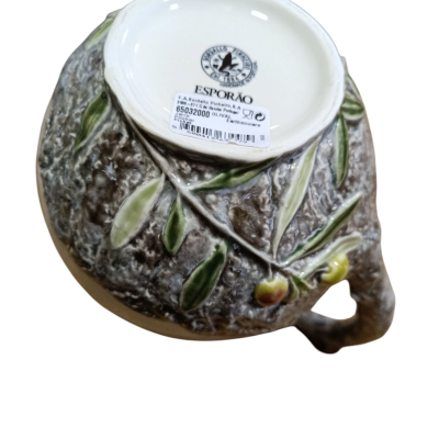 Tigela cerâmica com padrão de folhas verdes e frutos amarelos, base branca com etiqueta ESPORÃO