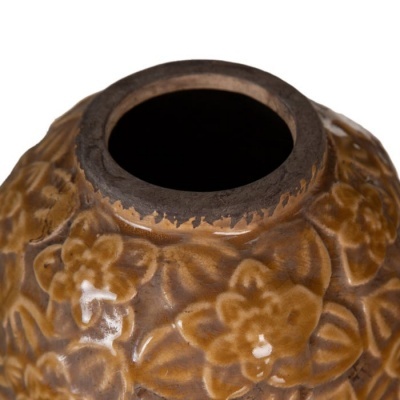 Vaso de cerâmica castanho com textura floral e borda escura