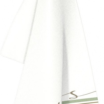 Toalha branca com linhas verdes e bege e texto parcial