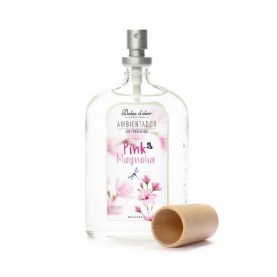 Frasco transparente de ambientador Pink Magnolia com tampa de madeira ao lado