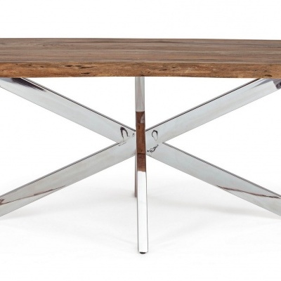 Mesa de centro madeira com base metálica prateada em fundo branco