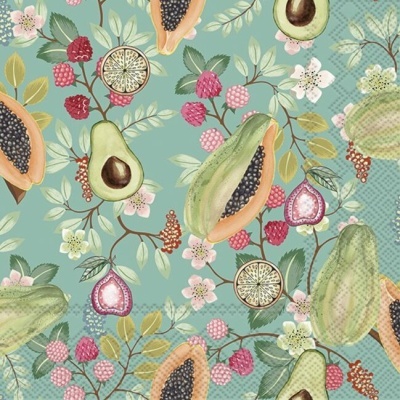 Padrão decorativo de frutas e flores em fundo azul claro