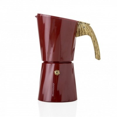 Cafeteira italiana vermelha com pega de madeira sobre fundo branco